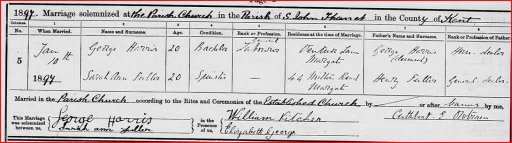 Sarah Ann Fuller and George Harris marriage cert 1897 Margate
