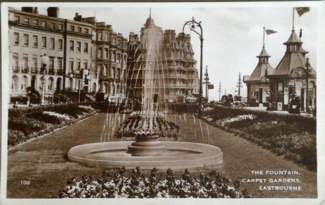 Vintage postcard of The Fountain, Carpet Gardens, Eastbourne, Sussex